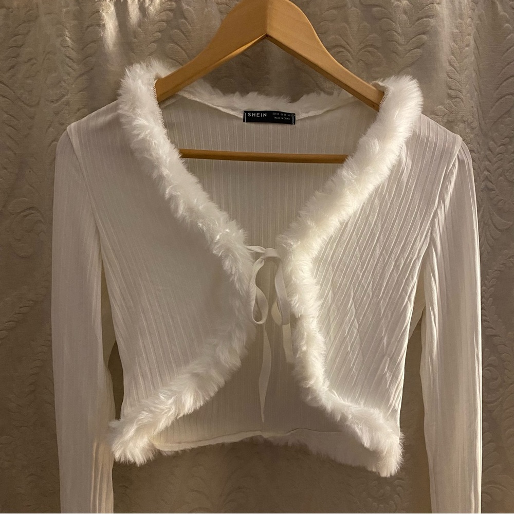 SHEIN fuzzy tie crop jacket, White